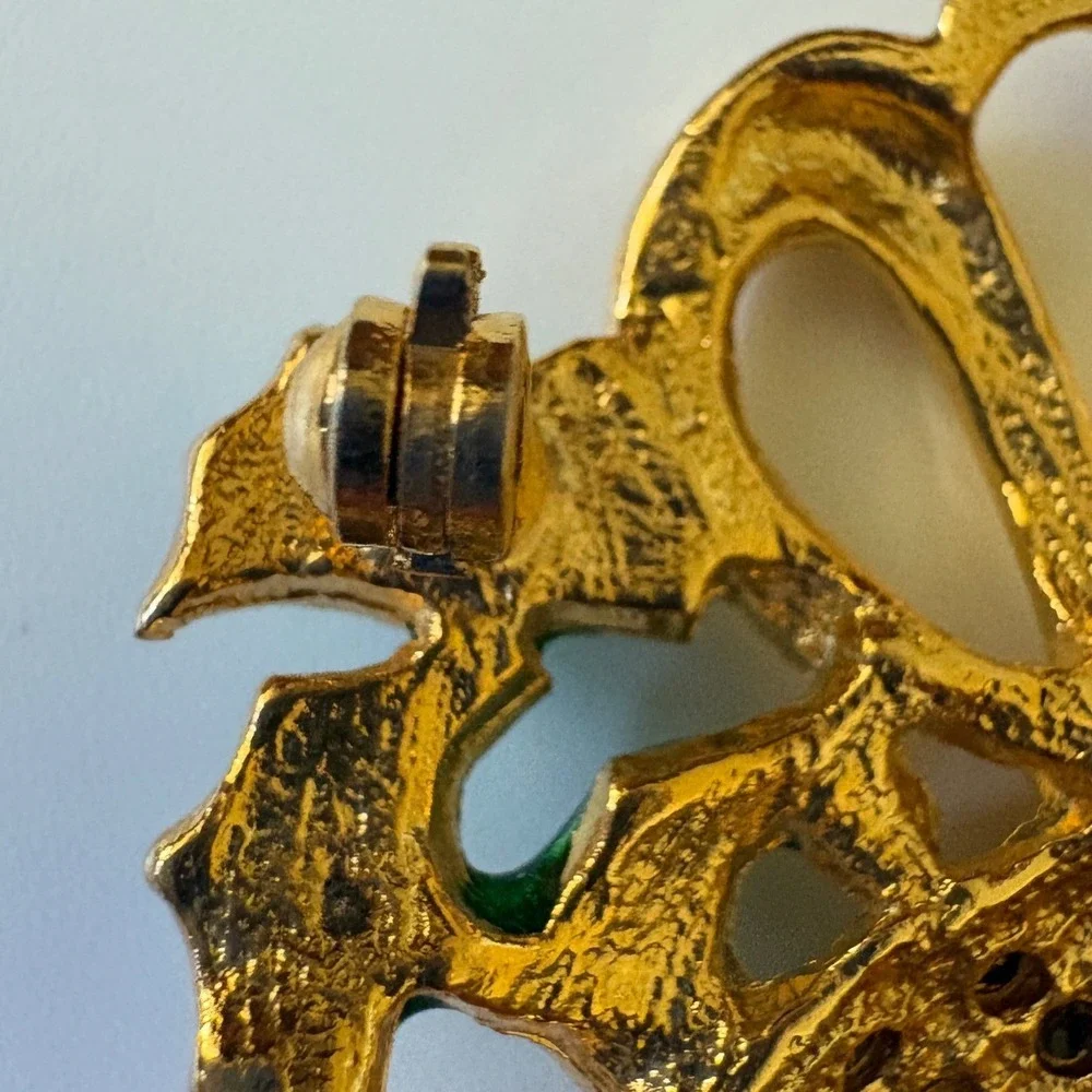 Christmas Bell Brooch Gold Tone Rhinestone Enamel Holly Holiday Pin